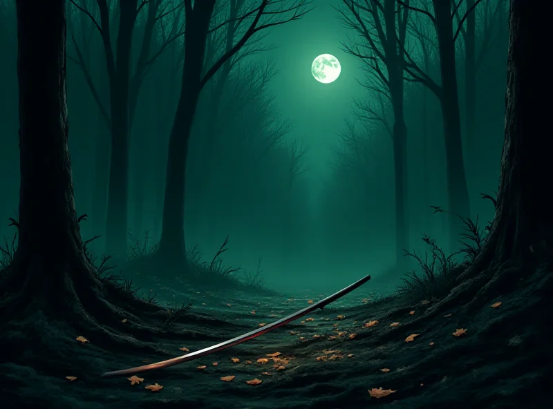 Illustration of a Samurai sword lying on the ground in a dark forest setting.