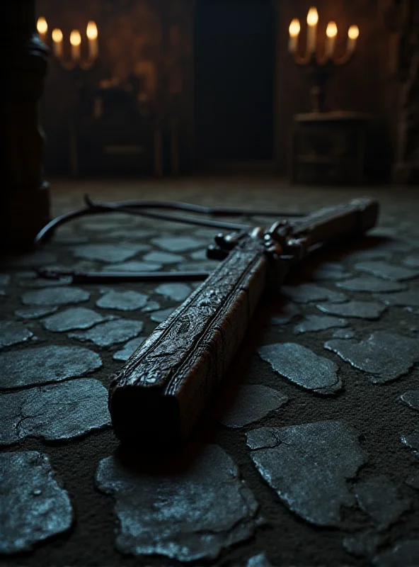 An old wooden crossbow lying on a stone floor in a dimly lit room.