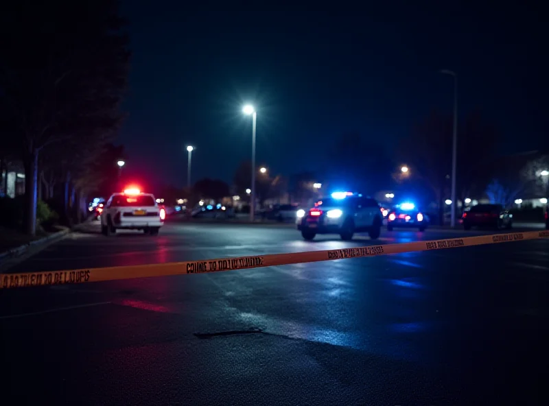 Crime scene tape surrounding a parking lot with police cars in the background, illuminated by streetlights at night. The scene is somber and suggests a serious investigation is underway.