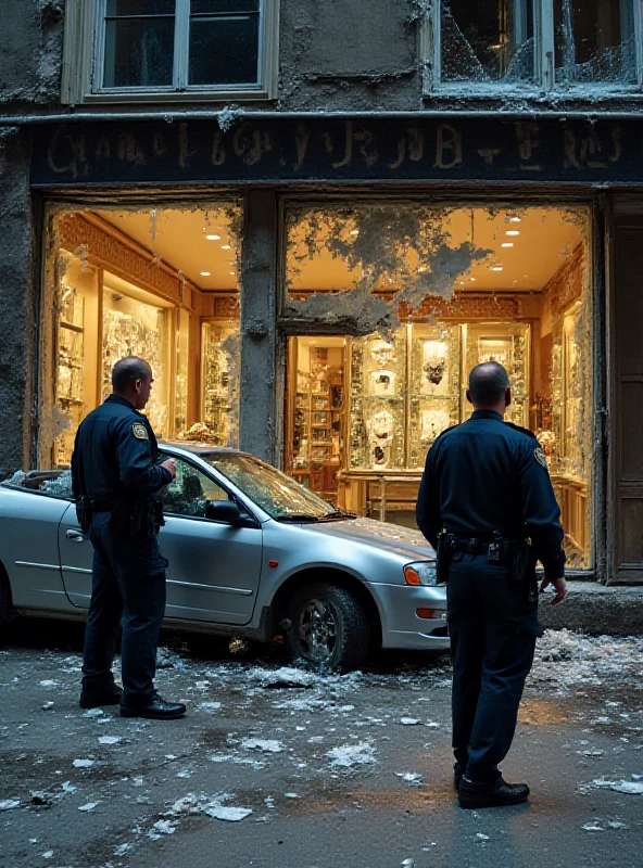 A damaged jewelry store storefront after a car crash. Broken glass and debris are scattered around. Police are investigating the scene. The image conveys a sense of chaos and lawlessness.