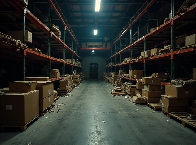 An open warehouse with empty shelves, suggesting a recent theft. Boxes are scattered on the floor, and a single security camera is visible in the corner. The scene is dimly lit, adding to the feeling of vulnerability and loss.