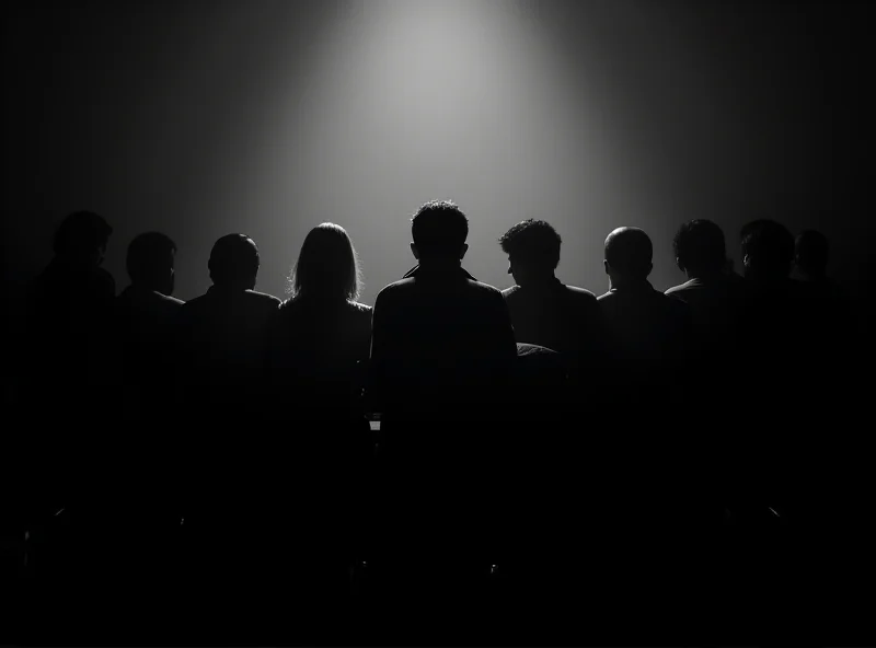 A somber courtroom scene with silhouettes of people listening intently to a verdict being read.