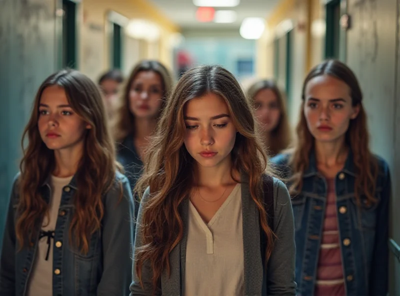 A diverse group of teenagers looking concerned and thoughtful, gathered in a school hallway.