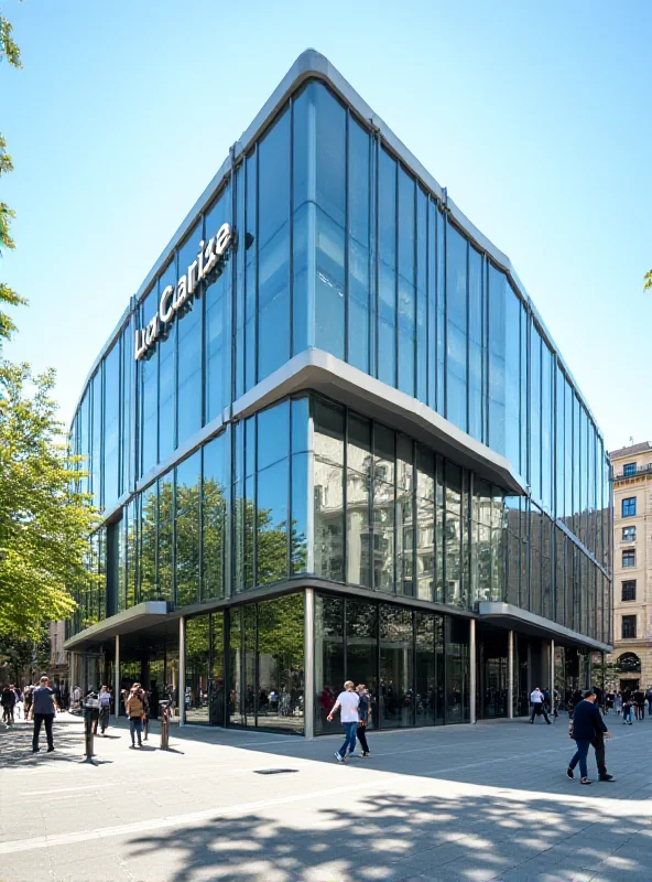 Modern office building in Barcelona with the La Caixa logo prominently displayed.