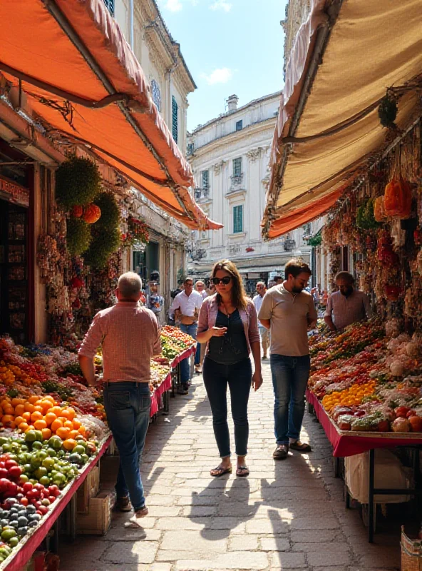 A bustling market scene in a Croatian city with people shopping for fresh produce.