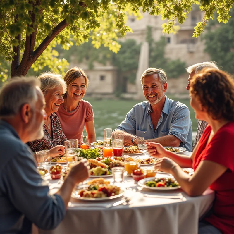 A local Croatian family enjoying a meal together outdoors.