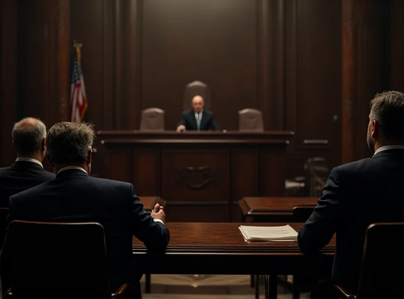 Image of a courtroom scene with lawyers and a judge, somber atmosphere