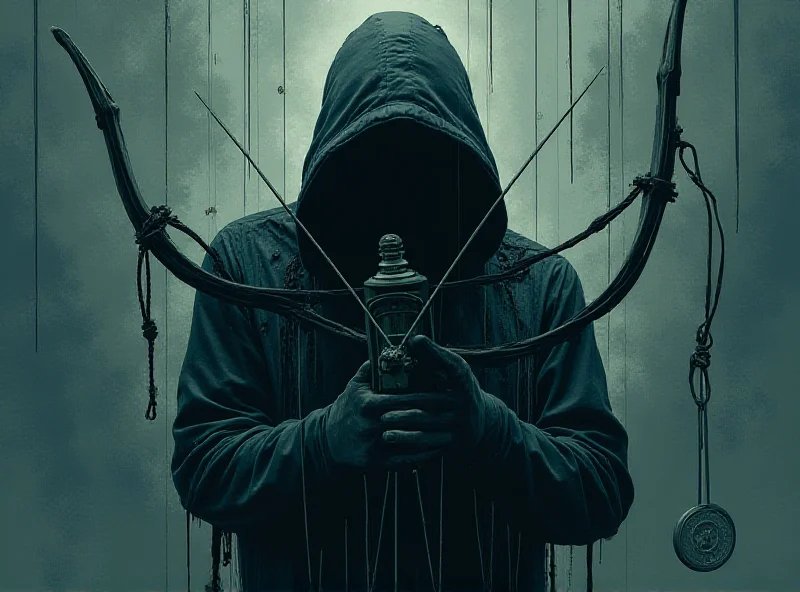 Illustration of a shadowy figure holding a crossbow, with images of social media and control symbols overlaid.