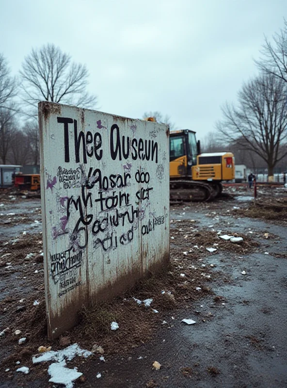 A damaged sign outside a construction site, with graffiti and debris scattered around.