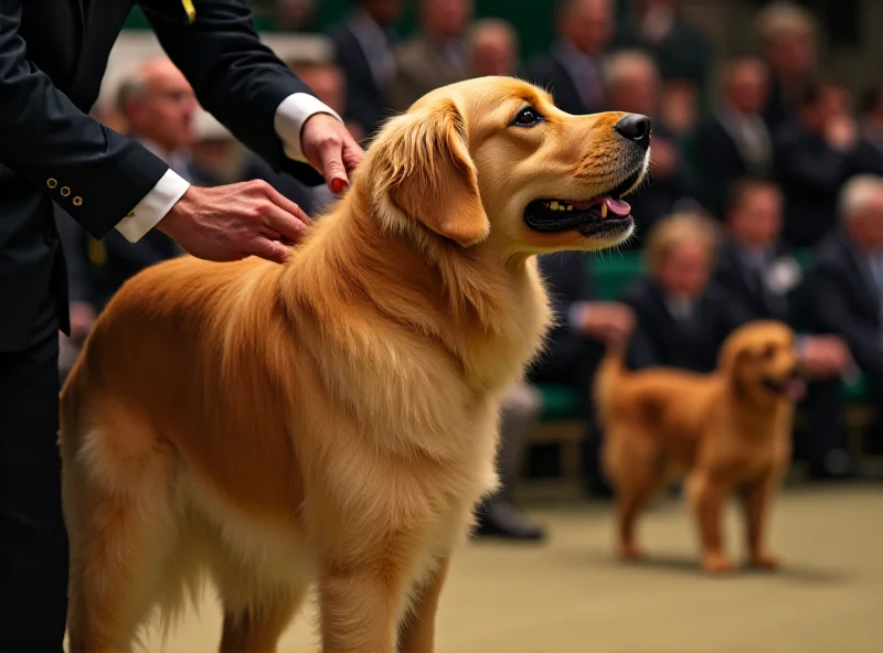 A golden retriever standing proudly in a show ring at Crufts, with the judge inspecting it closely.