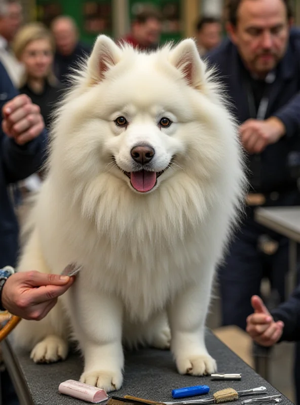 A fluffy Samoyed dog being groomed meticulously by its owner before entering the show ring.