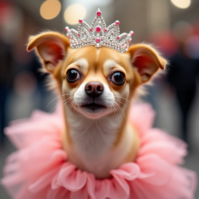 A close-up shot of a small dog wearing a sparkly tiara and a frilly pink dress, looking directly at the camera.