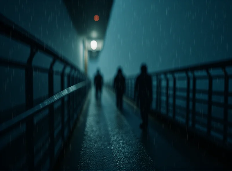 A dimly lit cruise ship deck at night, with blurred figures in the background. Rain is visible on the deck. A sense of mystery and sadness should be conveyed.