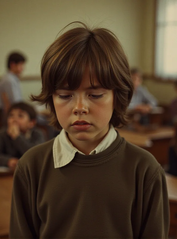 A young Paul McCartney looking down with a guilty expression. The background is a simple, slightly blurred classroom setting.