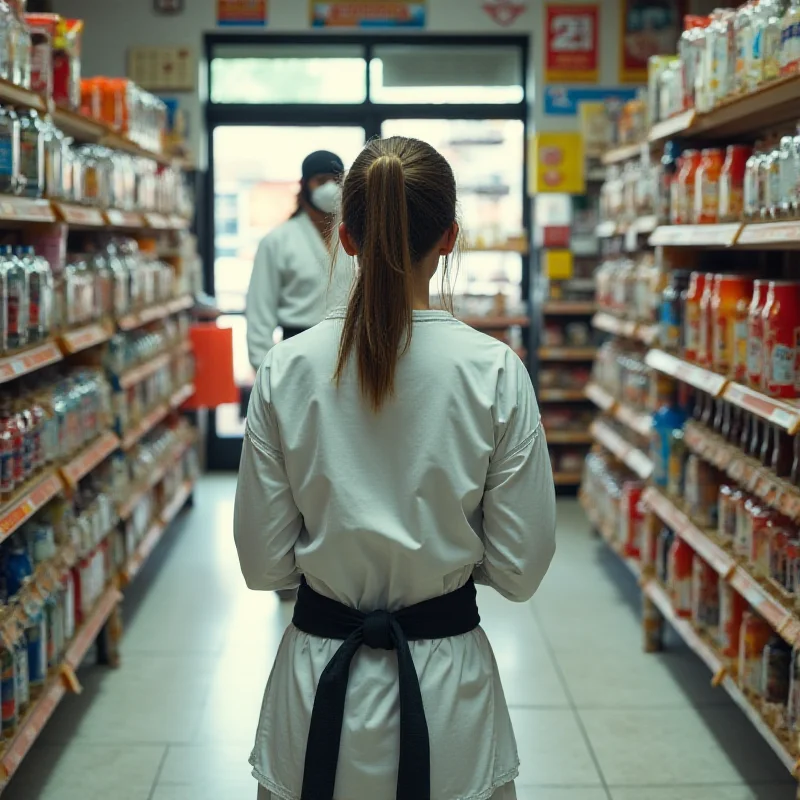 A woman in a karate gi standing in a convenience store, facing away from the camera. A masked man is on the ground in front of her. Shelves of snacks and drinks are visible in the background.