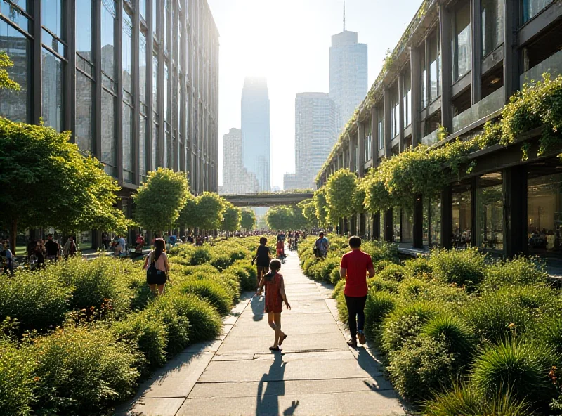 A modern architectural marvel, possibly the High Line in Manhattan, with people walking and relaxing in a green, urban space. The style is sleek and innovative.