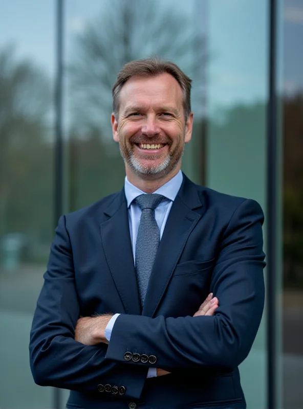 Balticceo smiling confidently in front of a modern office building.