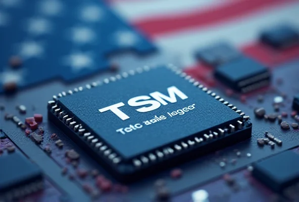 A stylized depiction of a microchip with the TSMC logo subtly integrated into the design. The chip is set against a blurred background of the American flag.