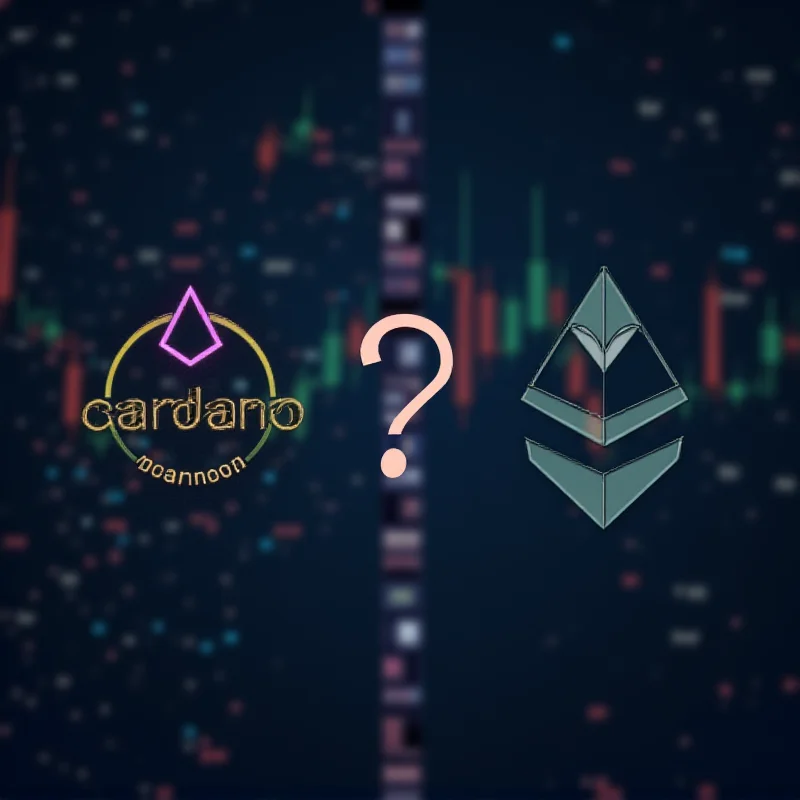 A split image showing the Cardano logo on one side and the Ethereum logo on the other, with a question mark in the middle. The background is a blurred representation of a stock market chart.