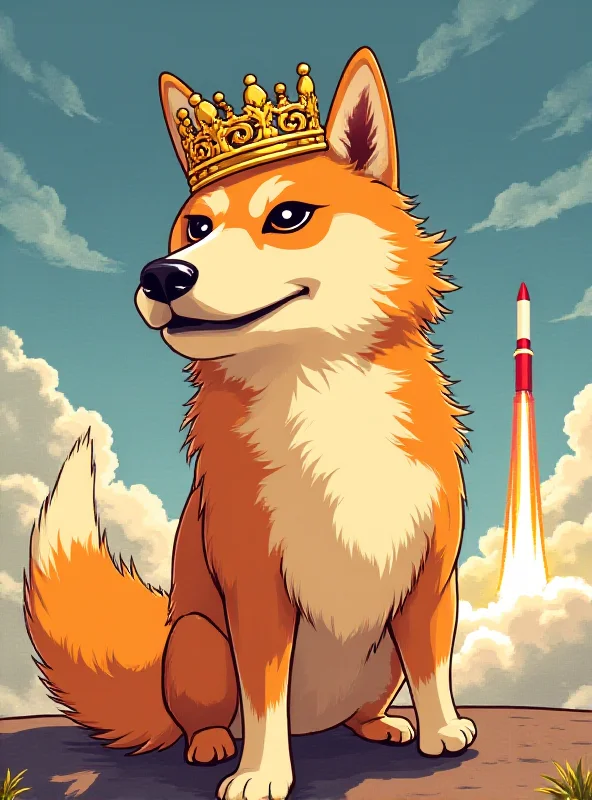 Illustration of a Shiba Inu dog wearing a crown, representing Doge Uprising, with rockets launching in the background and Binance logo subtly visible in the distance.