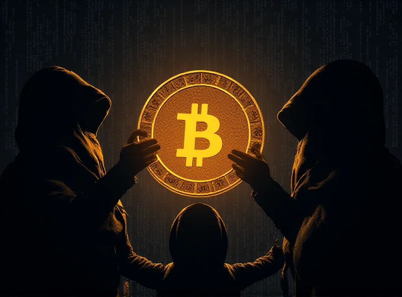 Digital illustration of a cryptocurrency coin being stolen by shadowy figures.