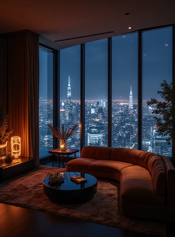 A luxurious penthouse interior with floor-to-ceiling windows overlooking a futuristic cityscape at night.