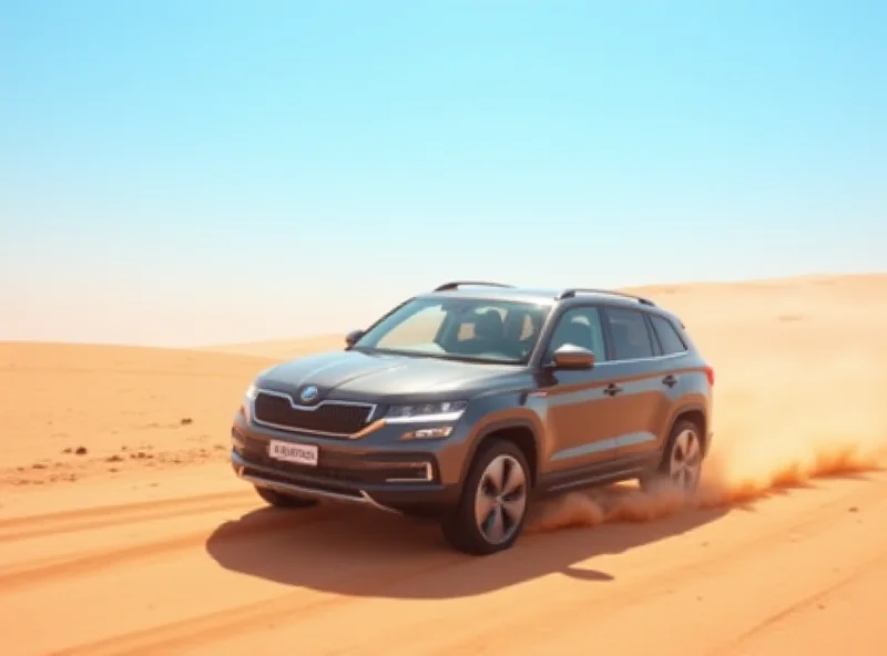 A Skoda SUV driving on a desert road in Oman, with sand dunes and a clear blue sky in the background.