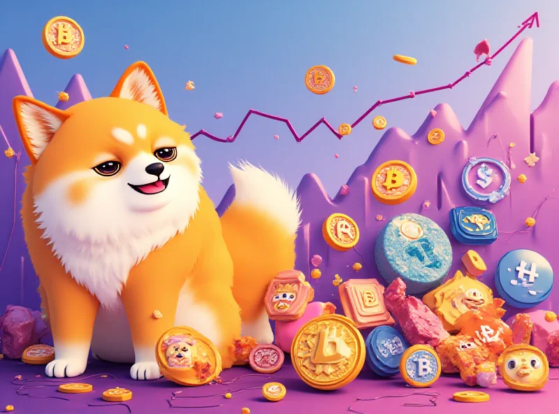 A stylized image of a Dogecoin next to a group of diverse cryptocurrencies, with an upward trending graph in the background.