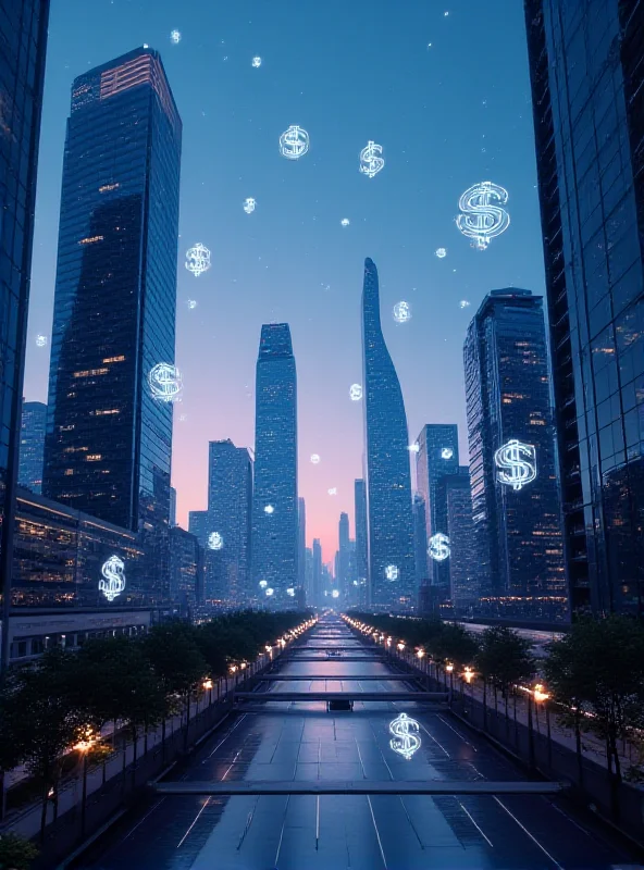 A futuristic cityscape with digital currency symbols floating in the air, representing the potential of new crypto projects.