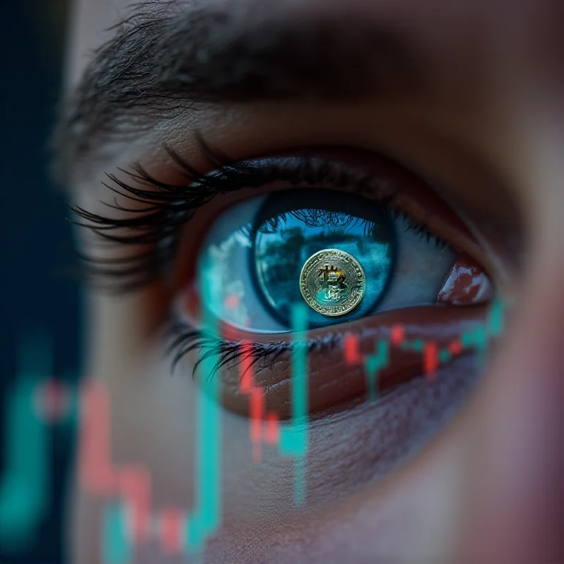 Close-up of a person's eye reflecting a digital currency chart, symbolizing the investor's focus on the crypto market.