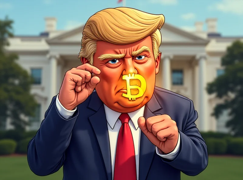 Illustration of Donald Trump holding a Bitcoin with a determined expression.