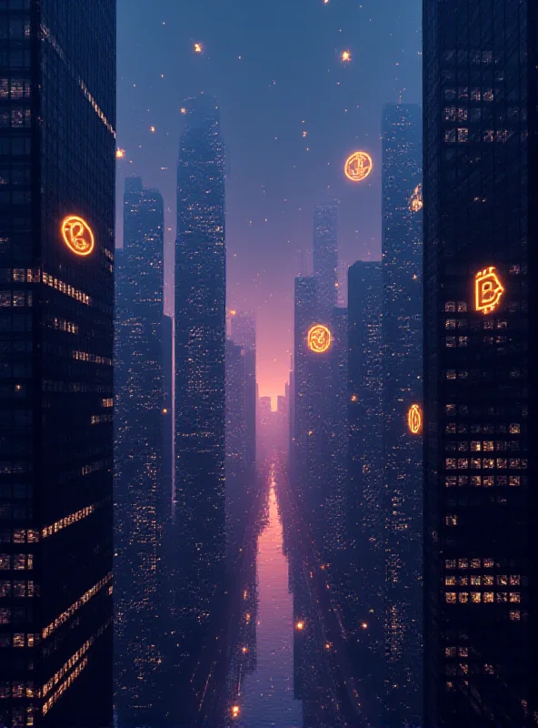 A futuristic cityscape with glowing cryptocurrency logos floating among the skyscrapers.