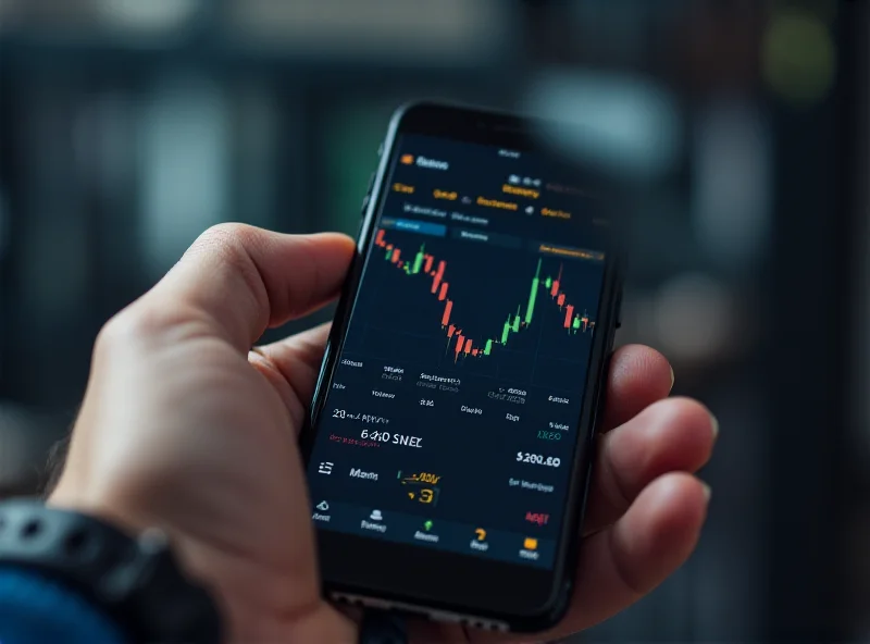 A close-up shot of a person's hand holding a smartphone displaying a cryptocurrency trading app, with charts and graphs illustrating market fluctuations.