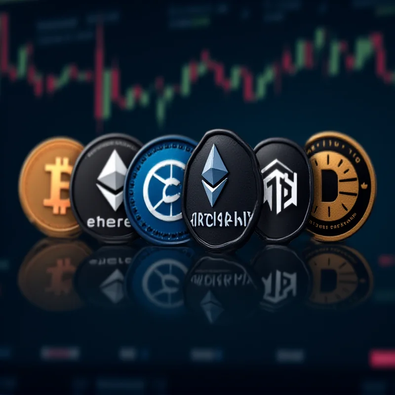 A collage of logos representing various cryptocurrencies, including Bitcoin, Ethereum, Cardano, Chainlink, and Dogecoin.