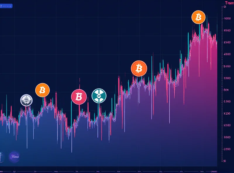A stylized chart showing the price of various cryptocurrencies fluctuating wildly.