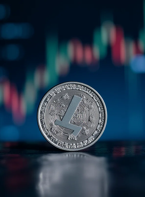 Close-up of a physical Litecoin coin with a blurry chart in the background, symbolizing the potential growth.