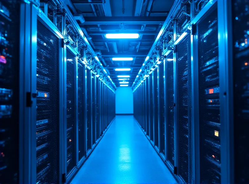 A futuristic data center filled with mining rigs, showcasing advanced technology and blinking lights.