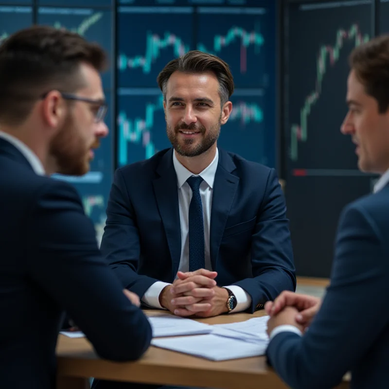 A well-dressed financial advisor sitting at a desk, advising a client about investing in Bitcoin and other assets, with charts and graphs in the background.