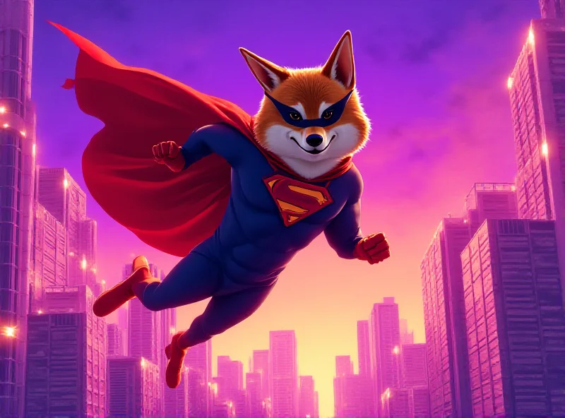 Illustration of a Shiba Inu dog wearing a superhero cape flying over a futuristic cityscape.