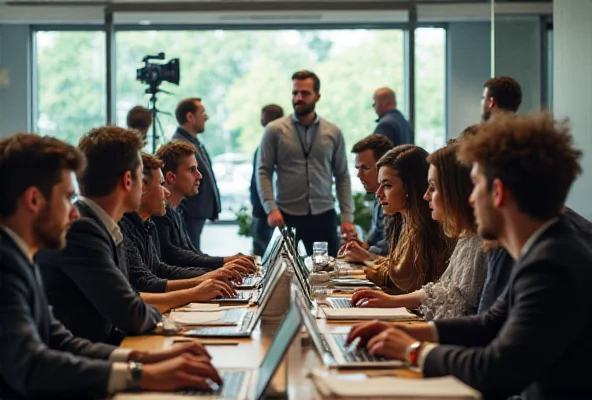 A diverse group of people working together in a modern office setting, surrounded by film-related equipment and screens.