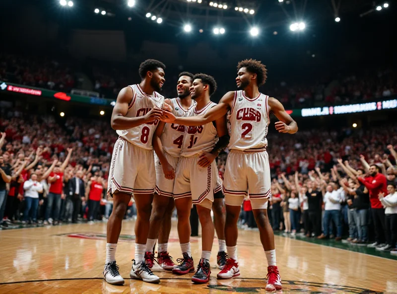 CSU Rams basketball team celebrating a victory on the court