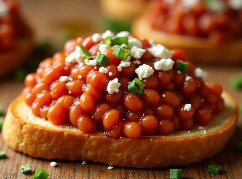 A close-up shot of jazzed-up baked beans on toast, topped with feta cheese and herbs.