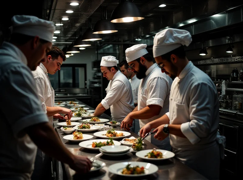 A dimly lit kitchen in a high-end restaurant, showcasing stainless steel surfaces and chefs intensely focused on their tasks.