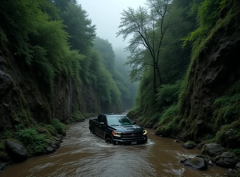 A muddy ravine with a wrecked pickup truck visible at the bottom, surrounded by trees and overgrown vegetation.