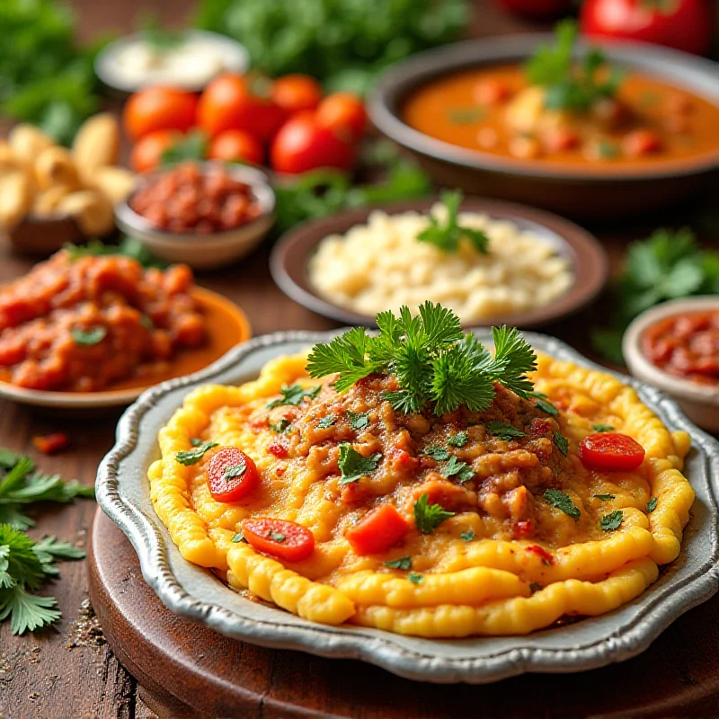 A vibrant spread of Iranian dishes, showcasing the use of fresh herbs and colorful ingredients, with the chef's cookbook prominently displayed.