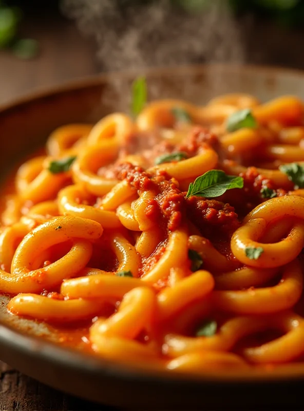 Close-up shot of a steaming plate of pasta, showcasing the pancetta and fermented pepper paste, with vibrant colors and textures.