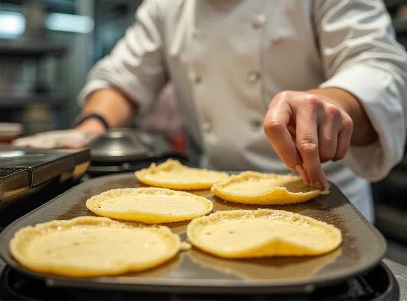 A chef using a billig (crepe maker) to cook crepes in a professional kitchen.