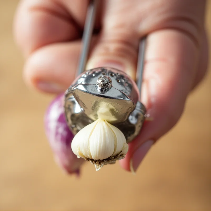 A hand holding a garlic press with crushed garlic, illustrating the simplicity and effectiveness of the tool.