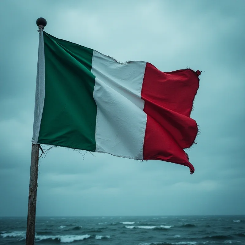 Italian flag waving somberly in front of a stormy sea.