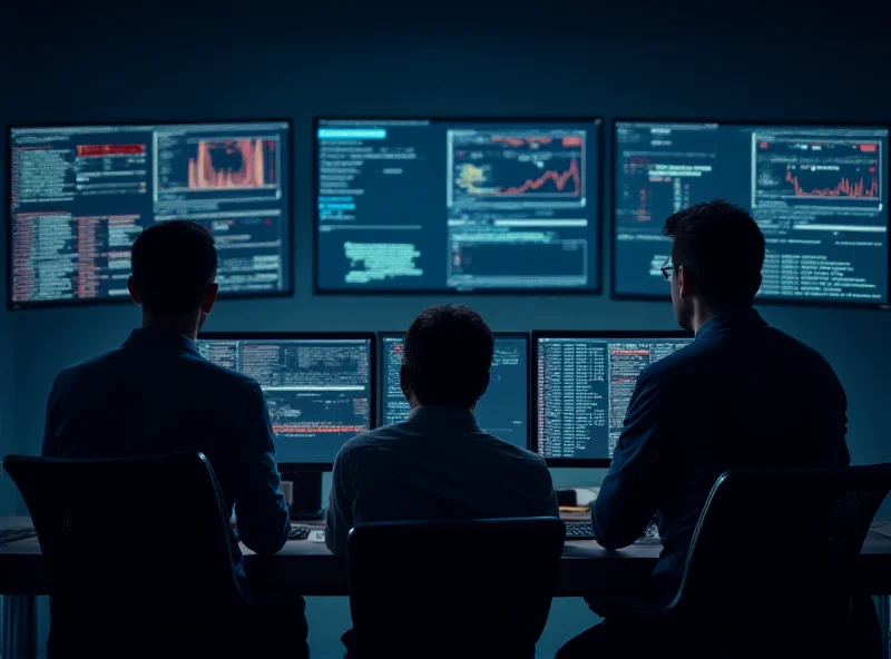 Cybersecurity experts discussing threat intelligence on a digital dashboard.